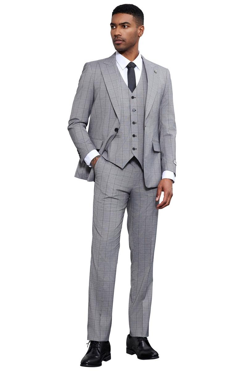 Men's Stacy Adams Modern Fit Vested Tonal Windowpane Plaid Suit in Light Grey - 38 Regular