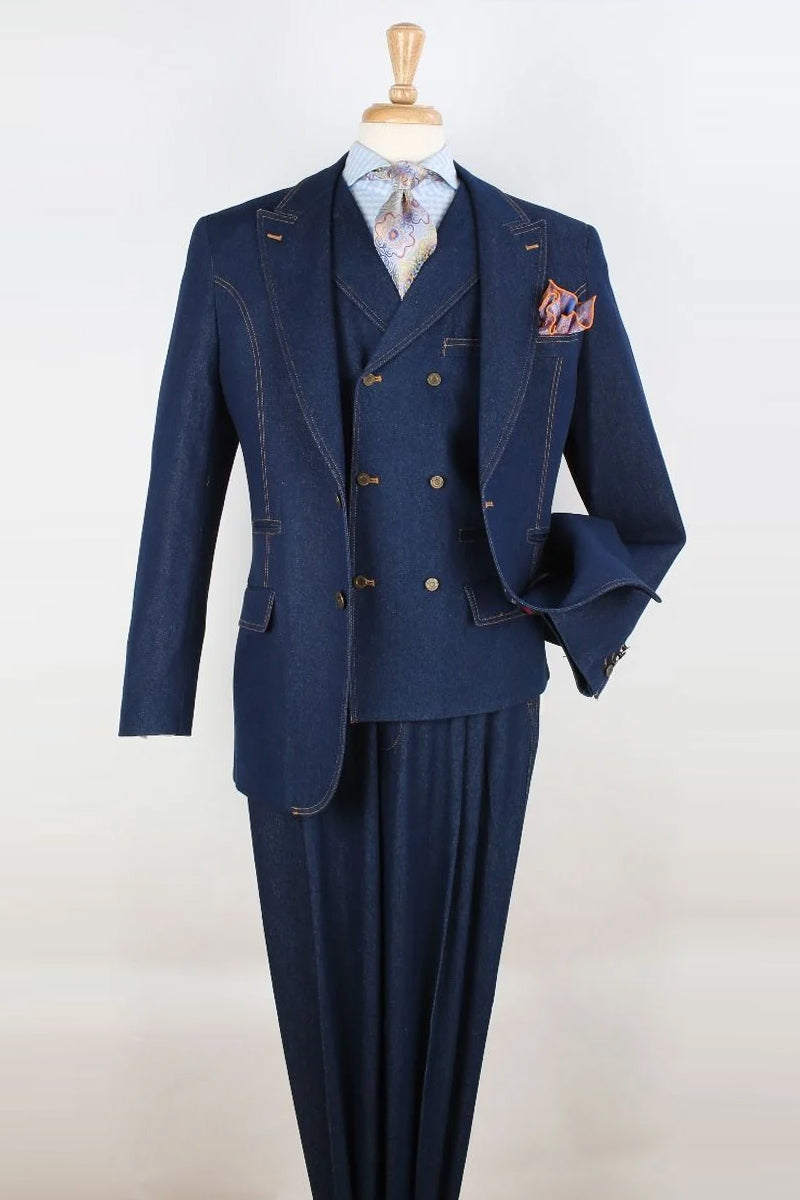 "Blue Denim Men's Suit with Double Breasted Vest - Two Button Peak Lapel"