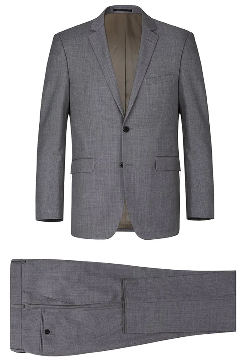 Grey Wool Slim Fit Two Button Men's Suit with Optional Vest