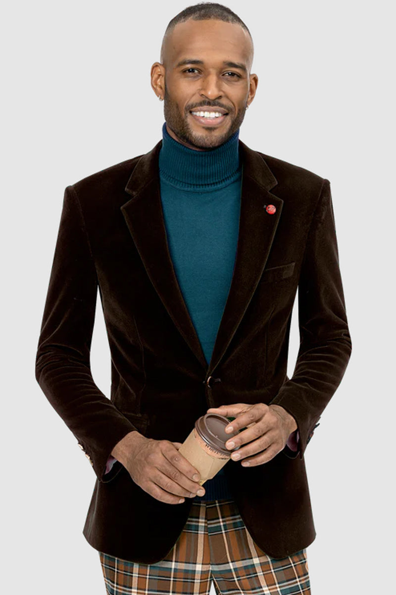 "Brown Velvet Blazer for Men - Modern Fit Two Button Style"