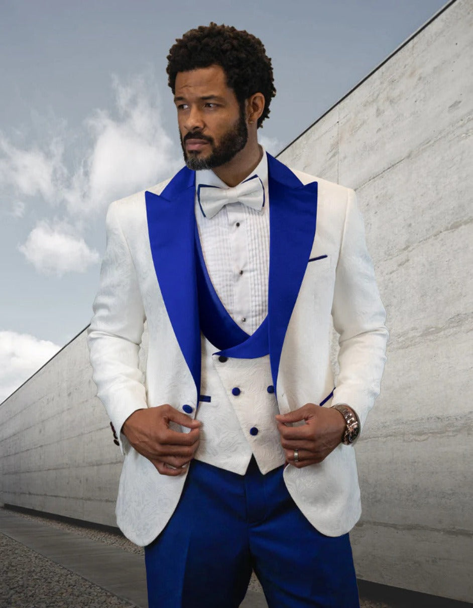 Mens Royal Blue Prom Tuxedo - Statement Men's White with Royal Blue Peak Lapels Vested Tuxedo with Bow Tie