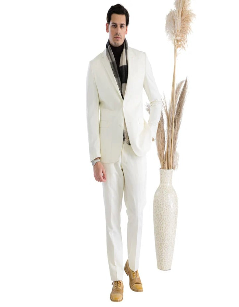 Oslo Off White Slim Fit Notch Lapel 2 Piece Suit - 38 Short Jacket+32 Waist Adjustable 28to34)(Height: 5 4 to5 7 )(Neck  15-16.5)S-M)