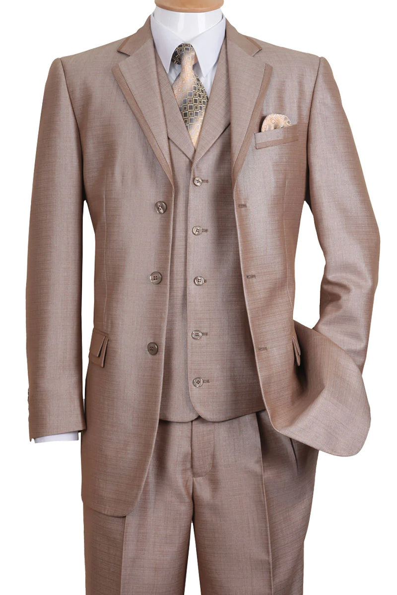 "Sharkskin 3-Button Vested Men's Church Suit in Tan" - 38 Long