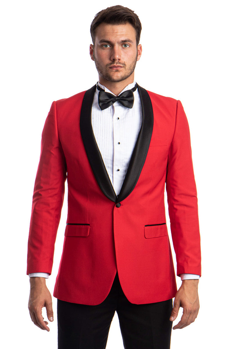 "Men's Shawl Lapel Dinner Jacket - One Button, Red & Black Design"