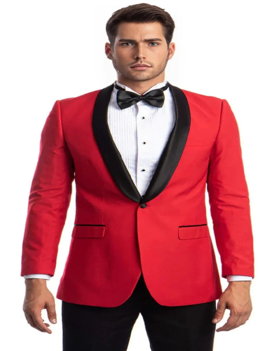 "MEN'S SHAWL LAPEL DINNER JACKET - ONE BUTTON, RED & BLACK DESIGN" - Black