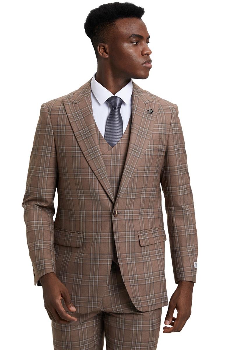 Men's Stacy Adams One Button Peak Lapel Double Breasted Vest Suit in Light Brown Plaid - 38 Regular