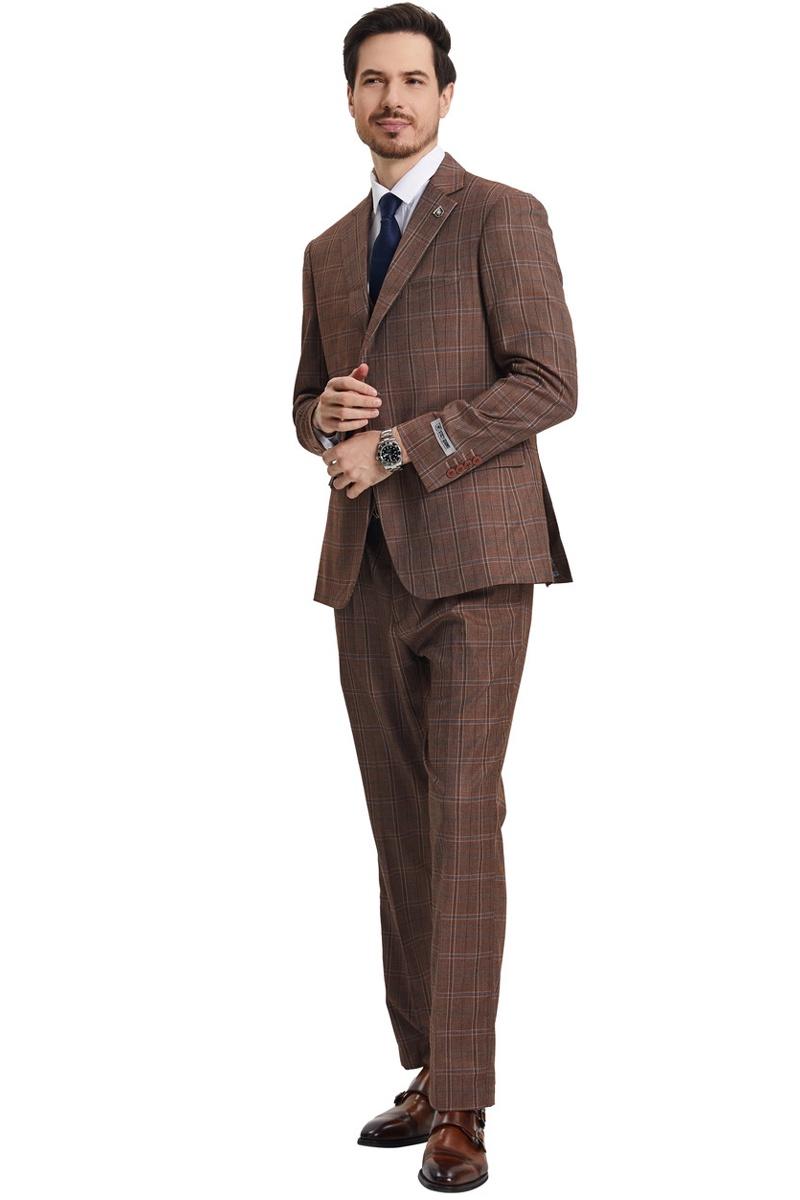 Men's Stacy Adams Vested Modern Fit Windowpane Plaid Suit in Light Brown - 38 Regular