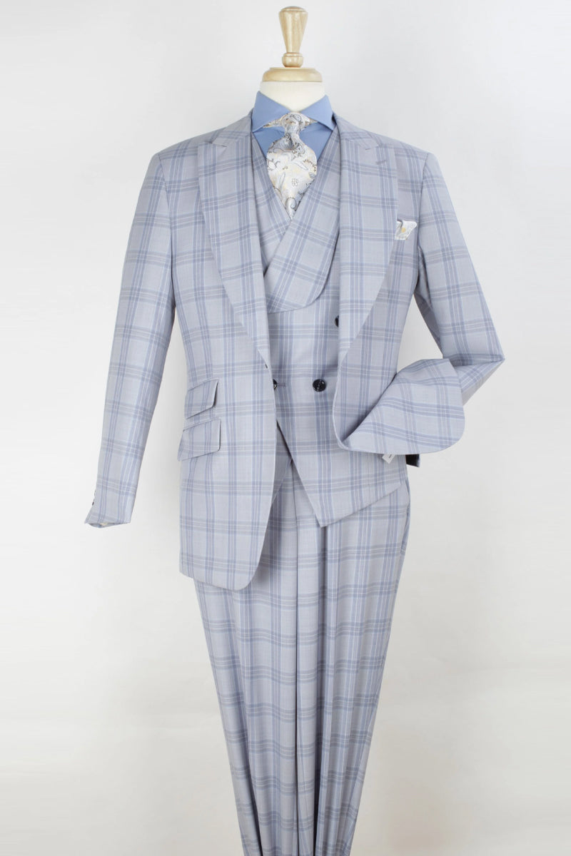 "Merino Wool Men's Suit - Light Grey Windowpane, One Button, Wide Peak Lapel"