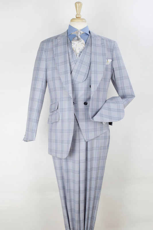 "Merino Wool Men's Suit - Light Grey Windowpane, One Button, Wide Peak Lapel"