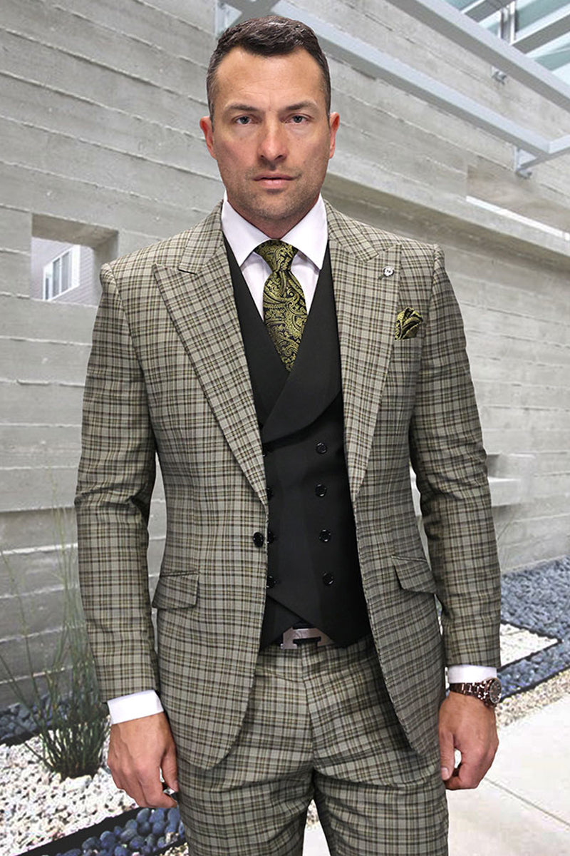 Men's Designer One Button Peak Lapel Vested Wool Suit in Olive Green Windowpane Plaid - 36 Short