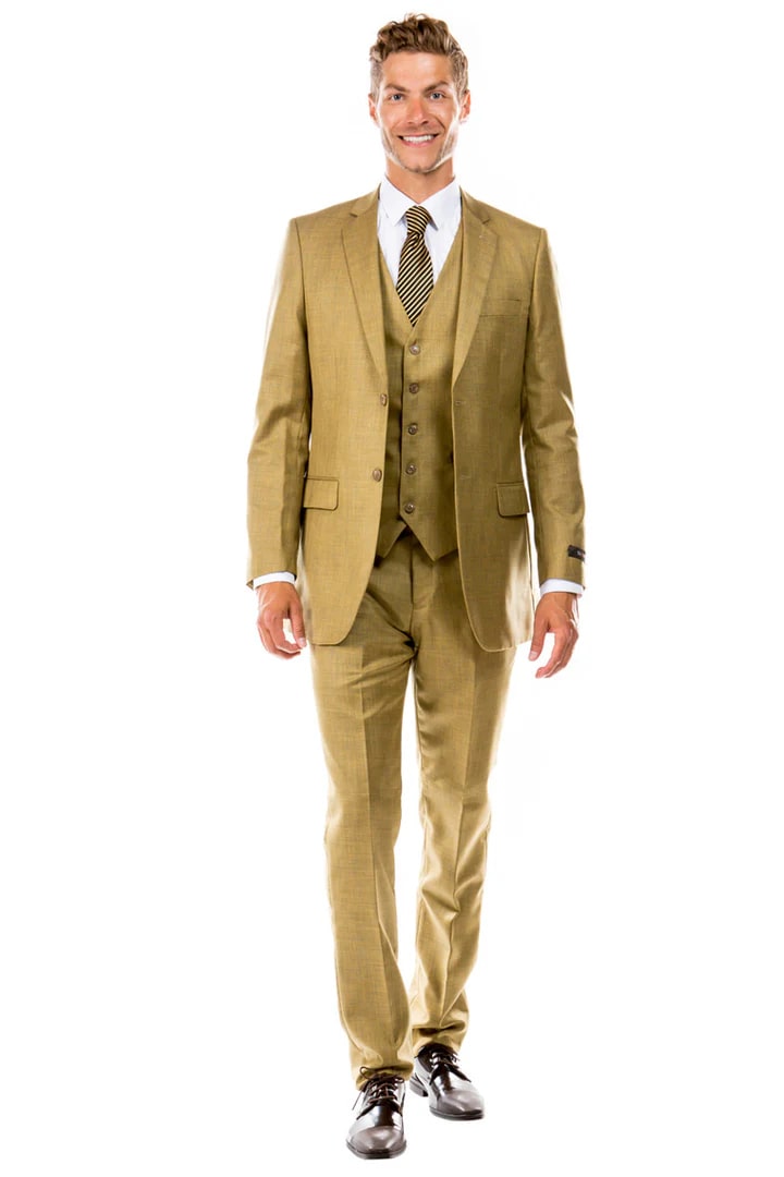 Cheap Suit - Men's Two Button Hybrid Fit Vested Sharkskin Wedding & Business Oatmeal Tan Suit