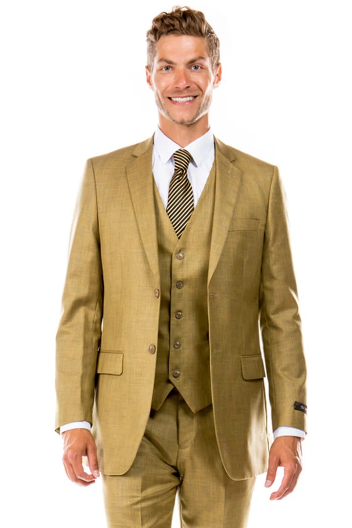 Cheap Suit - Men's Two Button Hybrid Fit Vested Sharkskin Wedding & Business Oatmeal Tan Suit