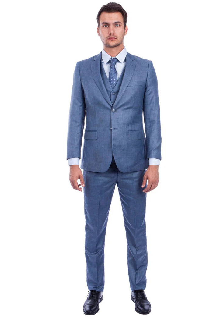 Cheap priced Suit  - Men's Two Button Hybrid Fit Vested Sharkskin Wedding & Business Ocean Blue Suit
