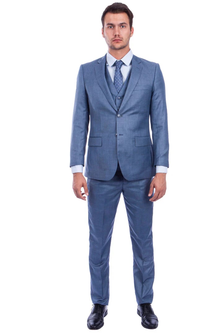 Cheap Suit - Men's Two Button Hybrid Fit Vested Sharkskin Wedding & Business Ocean Blue Suit