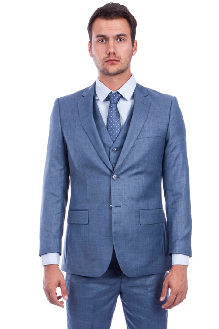 Cheap Suit - Men's Two Button Hybrid Fit Vested Sharkskin Wedding & Business Ocean Blue Suit