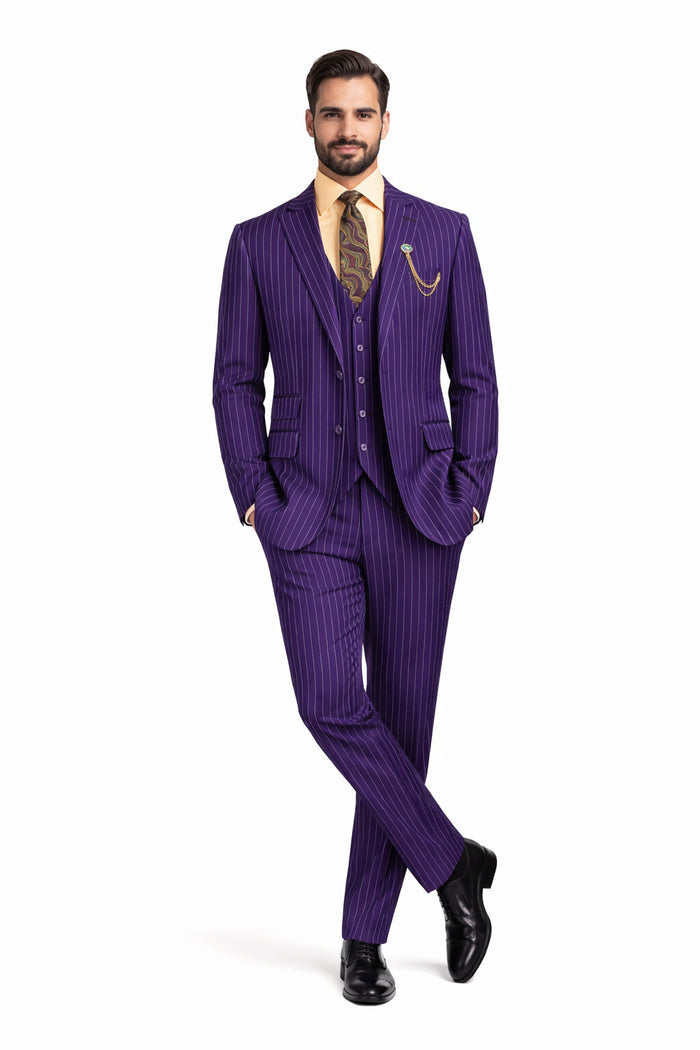 Odyssey Collection - Purple Regular Fit 3 Piece Suit 2 Button Gangster Stripe