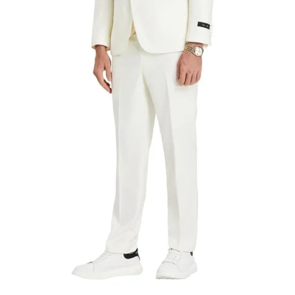New Tazio Birdseye Textured Off-White Tuxedo | Shawl Collar Satin Trim 3-Piece - 38 Short Jacket+32 Waist Adjustable 28to34)(Height: 5 4 to5 7 )(Neck  15-16.5)S-M)