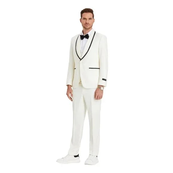 New Tazio Birdseye Textured Off-White Tuxedo | Shawl Collar Satin Trim 3-Piece