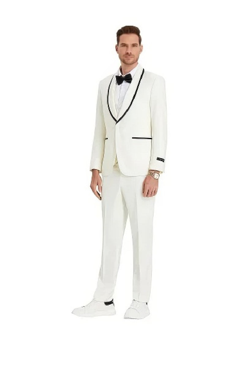 New Tazio Birdseye Textured Off-White Tuxedo | Shawl Collar Satin Trim 3-Piece