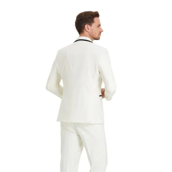 New Tazio Birdseye Textured Off-White Tuxedo | Shawl Collar Satin Trim 3-Piece - 38 Short Jacket+32 Waist Adjustable 28to34)(Height: 5 4 to5 7 )(Neck  15-16.5)S-M)