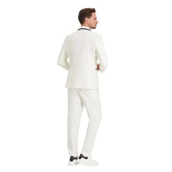 New Tazio Birdseye Textured Off-White Tuxedo | Shawl Collar Satin Trim 3-Piece