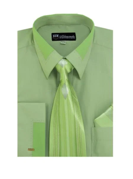 Olive Spread Collar French Cuff + Tie + Handkerchief Set Men's Dress Shirt