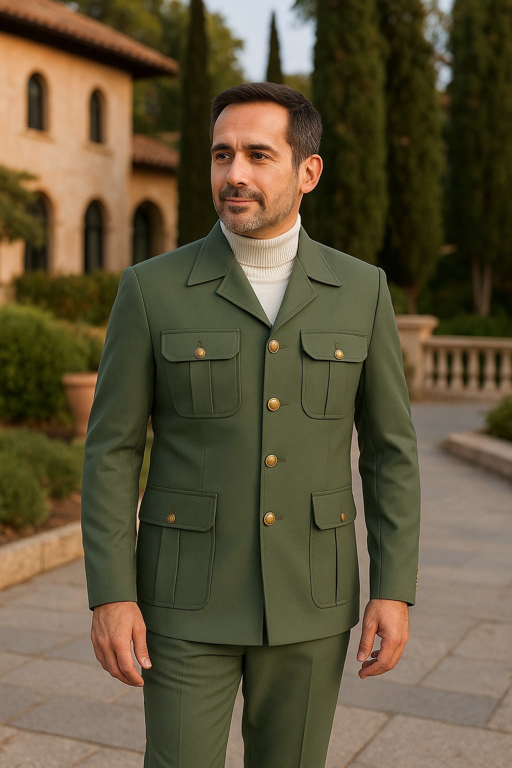 Mens Olive Green Safari Suit Set with Utility Jacket and Adjustable Waist Pants - 34 Short or Extra Small