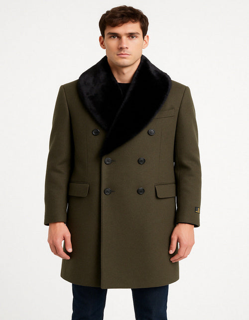 Mens Olive Green Wool Overcoat with Black Faux Fur Shawl Collar Double Breasted Winter Coat