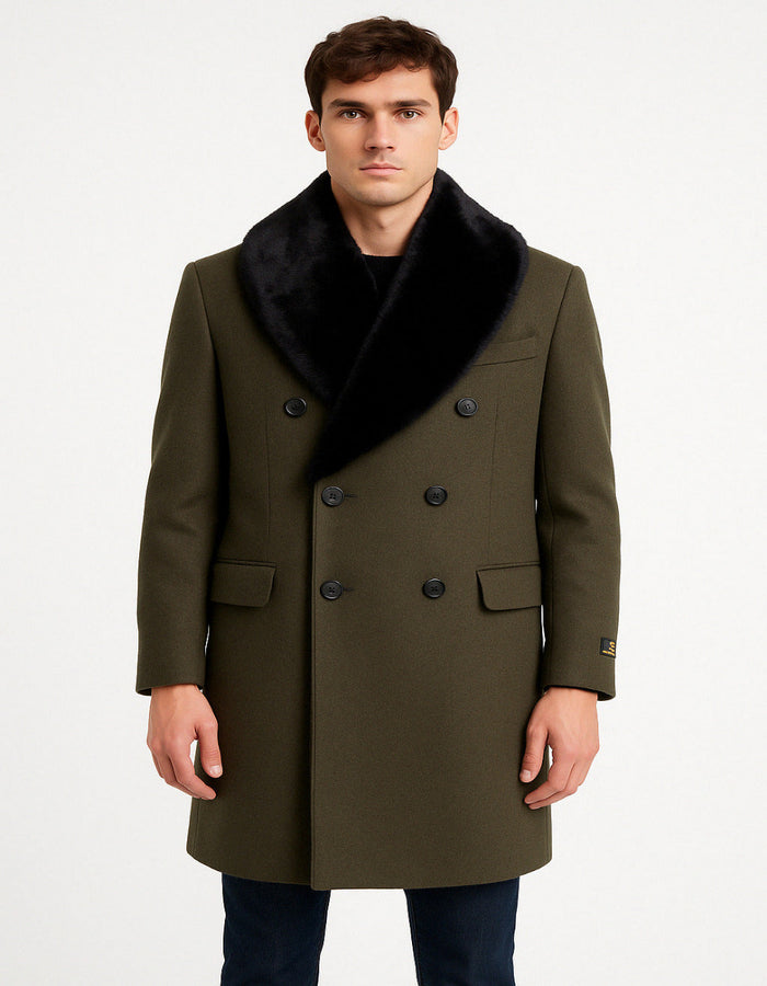 Mens Olive Green Wool Overcoat with Black Faux Fur Shawl Collar Double Breasted Winter Coat