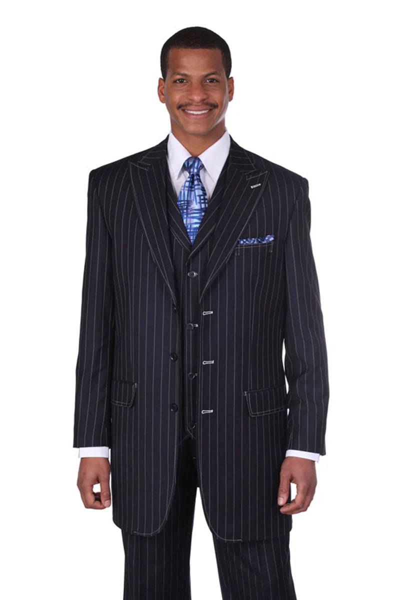 Mens 3 Button Vested Wide Peak Lapel 1920's Gangster Pinstripe Suit in Navy - 38 Short Jacket+32 Waist Adjustable 28to34)(Height: 5 4 to5 7 )(Neck  15-16.5)S-M)
