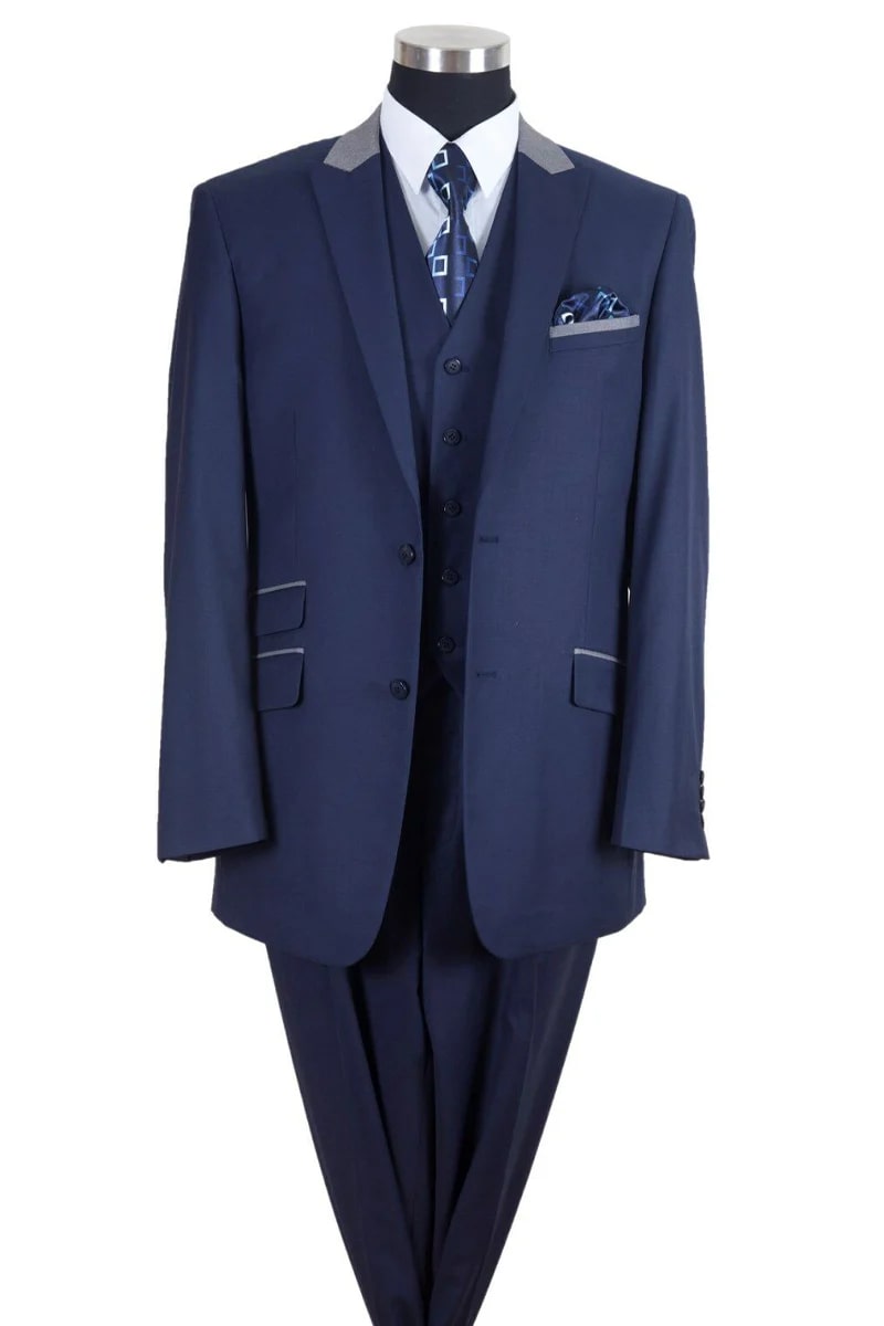Mens Vested Peak Lapel with Contrast Collar Suit in Navy/Grey - 38 Short Jacket+32 Waist Adjustable 28to34)(Height: 5 4 to5 7 )(Neck  15-16.5)S-M)