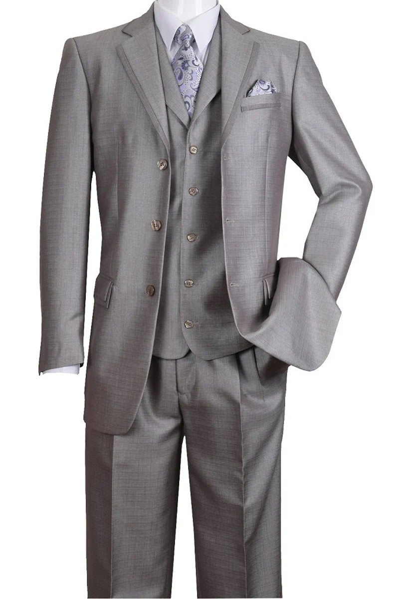 Mens 3 Button Vested Fashion Suit with Lapel Trim in Silver