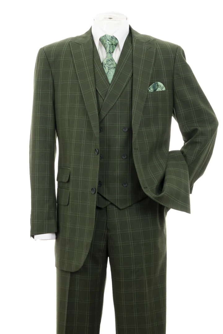 Cheap Priced Suit - Mens 2 Button Double Breasted Vest Suit In Olive Windopane Plaid - 38 Short Jacket+32 Waist Adjustable 28to34)(Height: 5 4 to5 7 )(Neck  15-16.5)S-M)