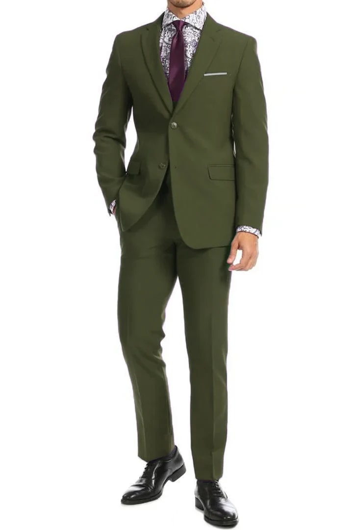 Cheap Suit - Mens Two Button Modern Fit Wool Feel - Designer Brand Olive Suit