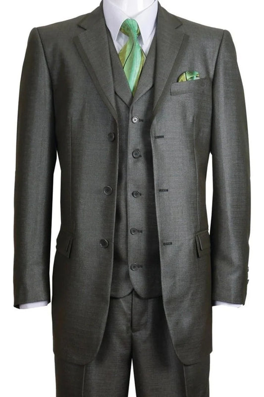 Cheap priced Suit- Mens 3 Button Vested Textured Shiny Sharkskin Church Olive Suit