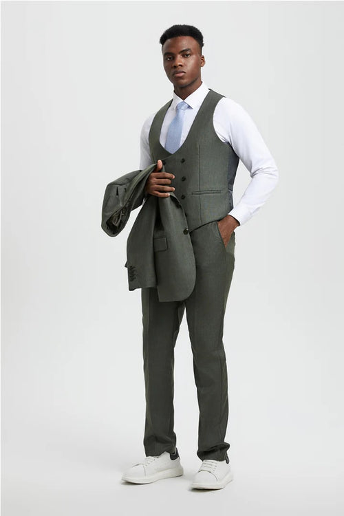 Cheap Priced Suit  - Men's Two Button Vested Stacy Adams Designer Sharkskin Olive  Suit green