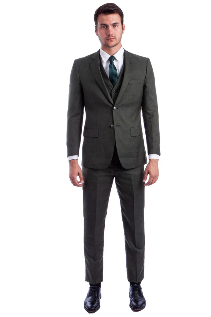 Cheap Suit - Men's Two Button Hybrid Fit Vested Sharkskin Wedding & Business Olive Green Suit