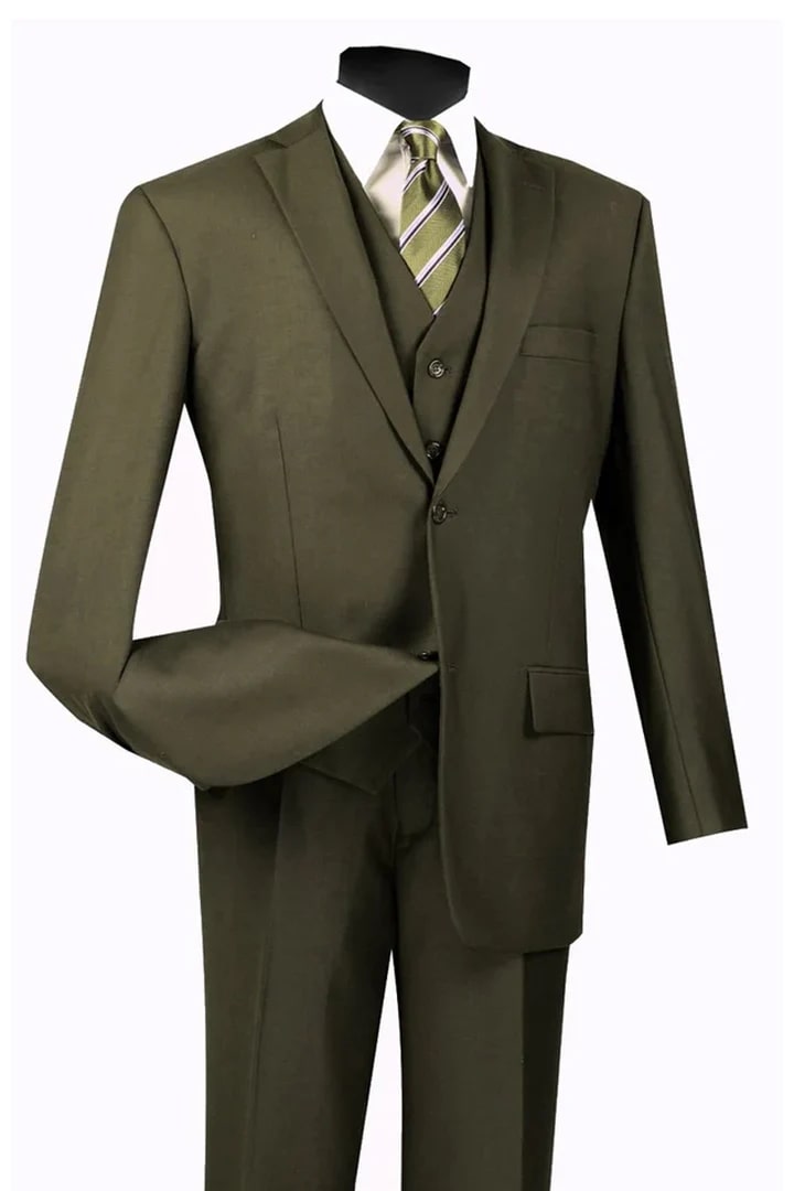 Cheap Suit - Mens Basic 2 Button Vested Olive Suit