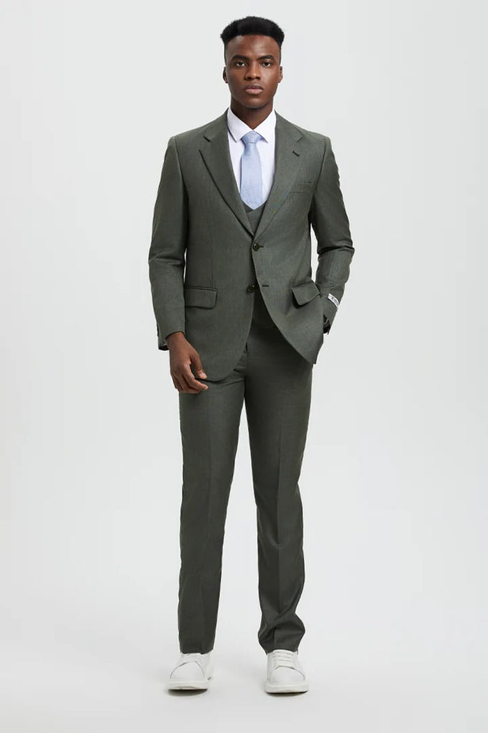 Cheap Priced Suit  - Men's Two Button Vested Stacy Adams Designer Sharkskin Olive  Suit green