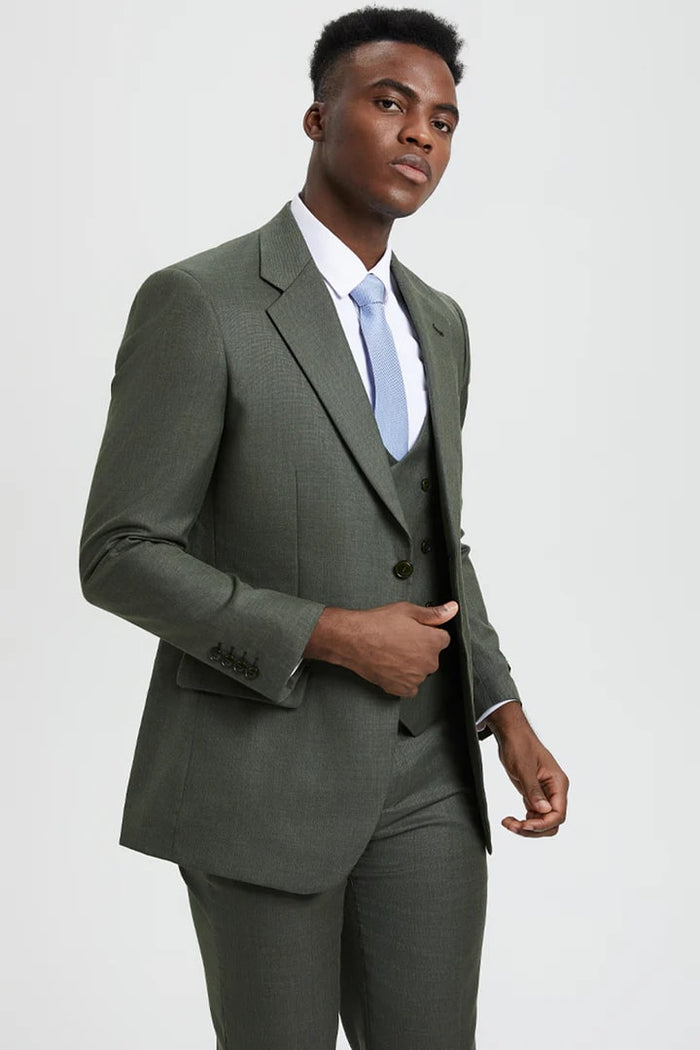 Cheap Priced Suit  - Men's Two Button Vested Stacy Adams Designer Sharkskin Olive  Suit green