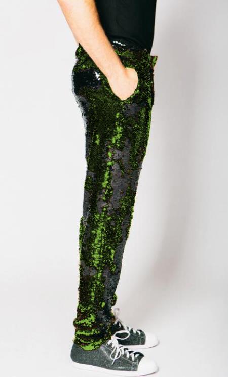 Mens Sequin Pants - Olive Dress Party Pants - Dress Size Pants : 28