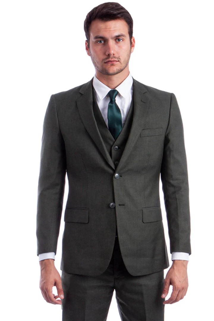 Cheap Suit - Men's Two Button Hybrid Fit Vested Sharkskin Wedding & Business Olive Green Suit