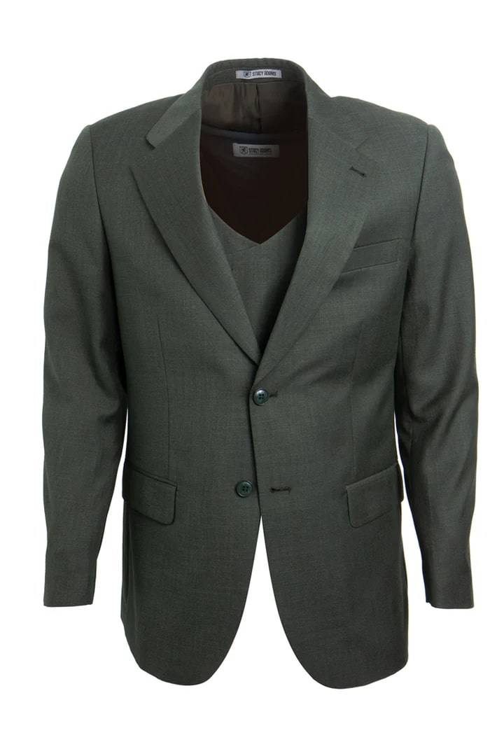 Cheap priced Suit- Men's Two Button Vested Stacy Adams Sharkskin Olive Green Suit - 38 Short Jacket+32 Waist Adjustable 28to34)(Height: 5 4 to5 7 )(Neck  15-16.5)S-M)