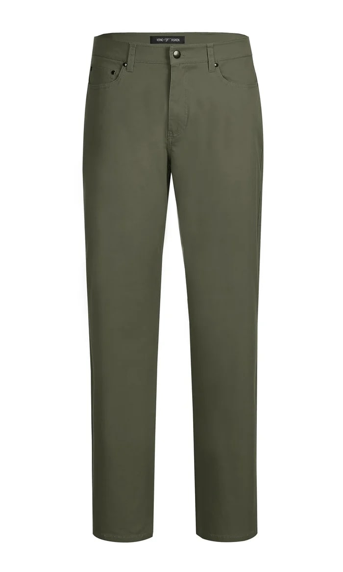Stretch Cotton Flat Front Pants Straight Legs in Olive - Dress Size Pants : 28