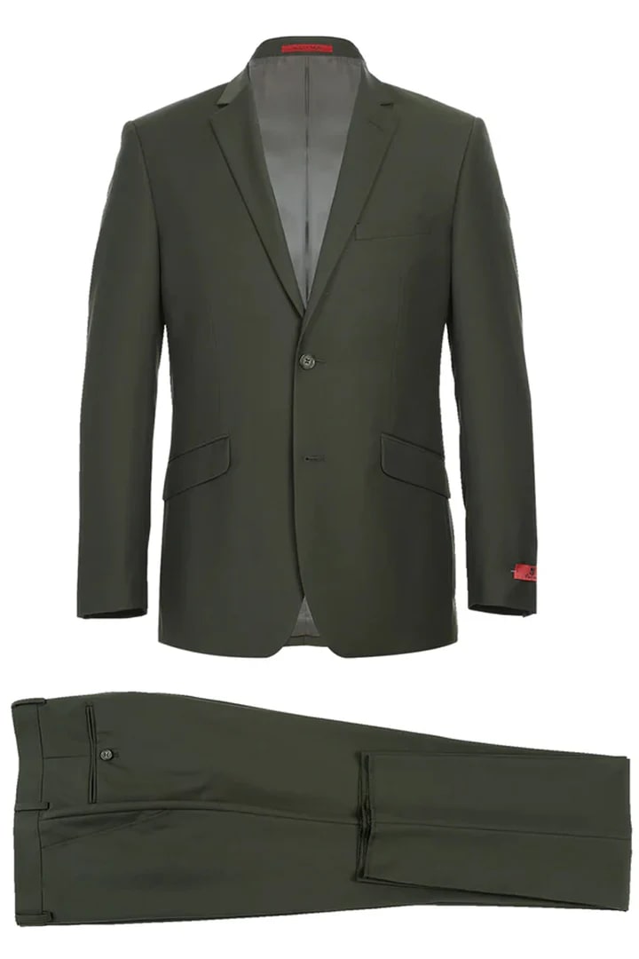 Cheap Priced Suit - Mens Basic Two Button Slim Fit  Olive Suit With Optional Vest green - 38 Short Jacket+32 Waist Adjustable 28to34)(Height: 5 4 to5 7 )(Neck  15-16.5)S-M)
