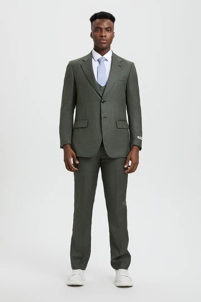 Cheap Priced Suit  - Men's Two Button Vested Stacy Adams Designer Sharkskin Olive  Suit green