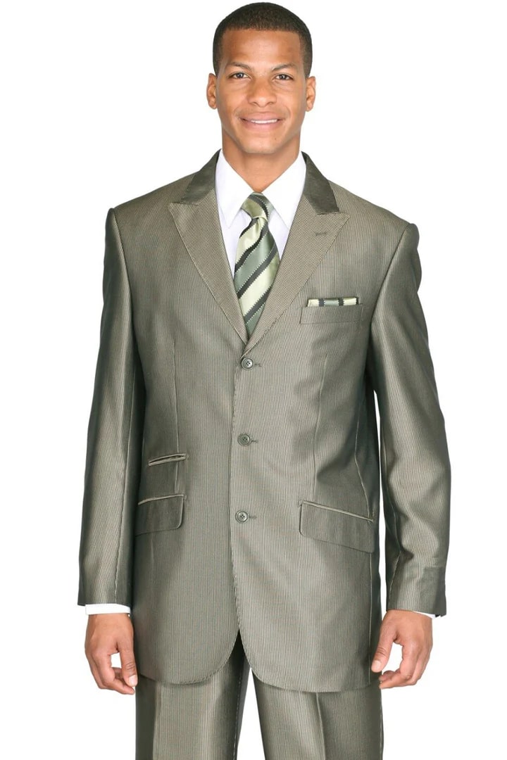 Cheap Priced Suit - Mens 3 Button Peak Lapel Shiny Sharkskin Micro Pinstripe Olive Suit - 38 Short Jacket+32 Waist Adjustable 28to34)(Height: 5 4 to5 7 )(Neck  15-16.5)S-M)