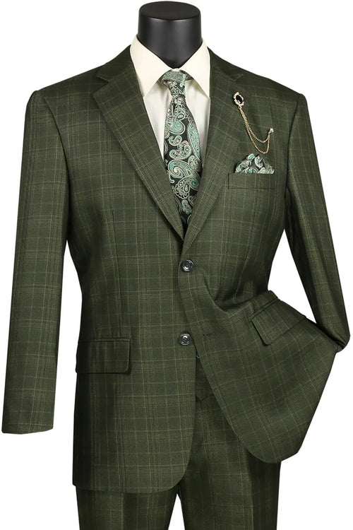 Cheap Priced Suit - Mens 2 Button Vested Peak Lapel Plaid Windowpane Olive Suit