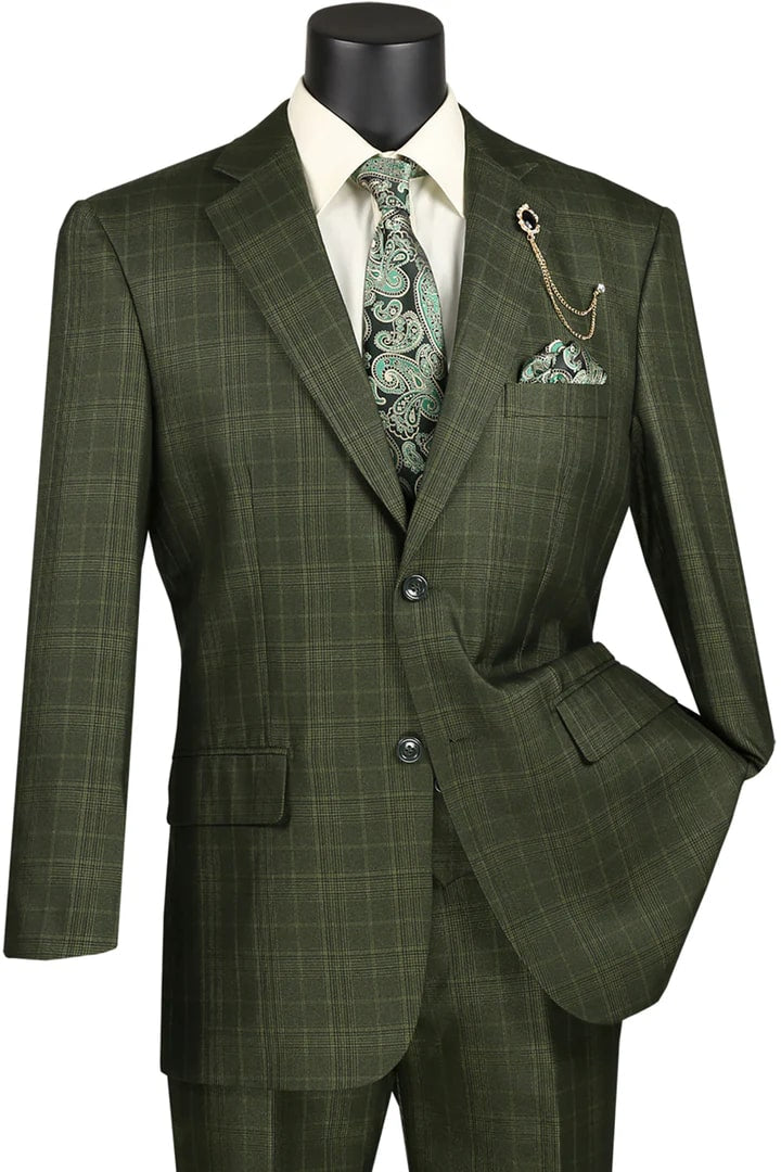 Cheap Priced Suit - Mens 2 Button Vested Peak Lapel Plaid Windowpane Olive Suit