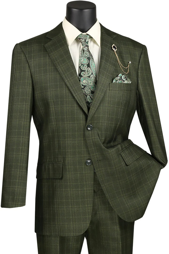 Cheap Priced Suit - Mens 2 Button Vested Peak Lapel Plaid Windowpane Olive Suit
